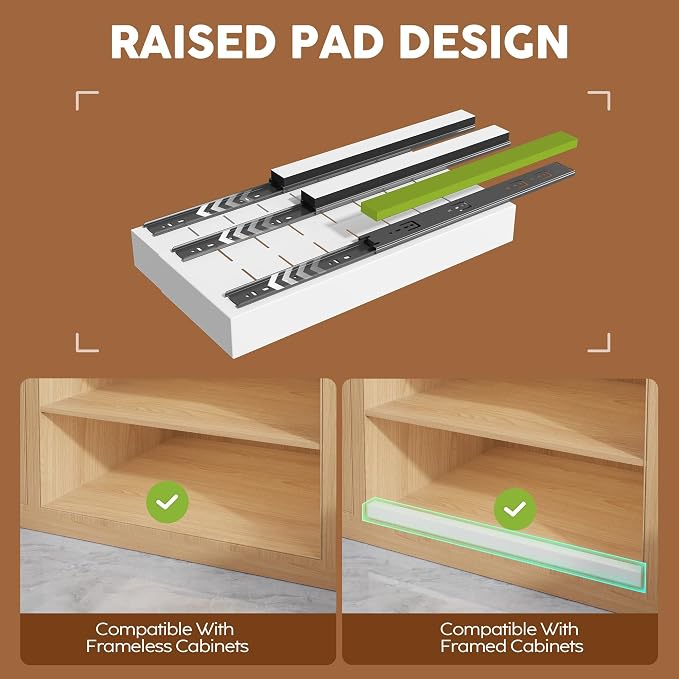 Seinloes 2 Pack Expandable Pull Out Cabinet Organizer 21" Deep with Raising Pad for Framed Cabinets,Upgrade 3 Slide Rails Slide Out Drawers,Roll Out Shelves Adhesive,Adjustable Width 9"-14.1" White