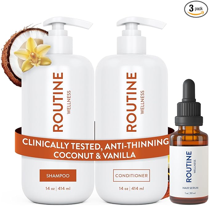 Routine Wellness Shampoo and Conditioner Set and Hair Serum for Thinning Hair - DHT Blocker Women & Men - Color Safe Shampoo for Hair Loss & Healthier Hair - Coconut & Vanilla Set + Hair Serum