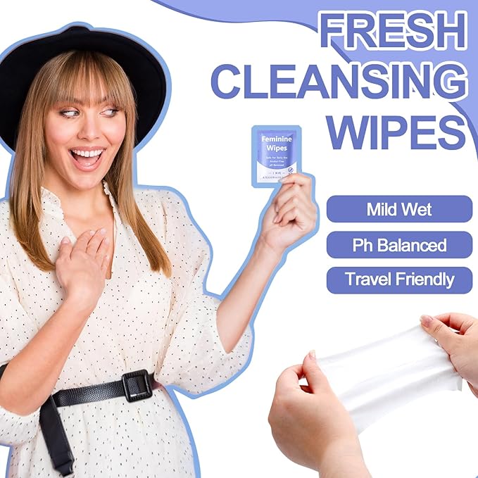 300 Pieces Bulk Feminine Wipes Individually Wrapped Travel Size Women Unscented Intimate Period Cleansing Wipes Deodorant Feminine Products Care Kits Private Parts Ph Balanced(Purple)
