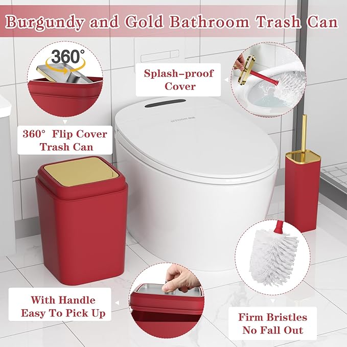 XLHOMO Bathroom Set, 9PC Bathroom Accessory Set, Burgundy Bathroom Accessories, Burgundy Bathroom Set, Trash Can, Soap Dispenser for Home Decor