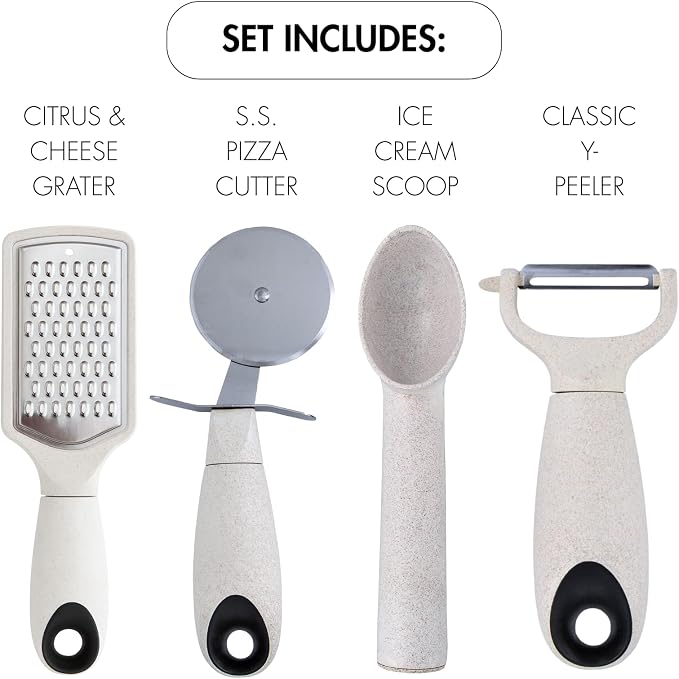 Beille 6pc Wheat Straw Kitchen Utensil Set Peeler Cutter Grater Spoons and Cups