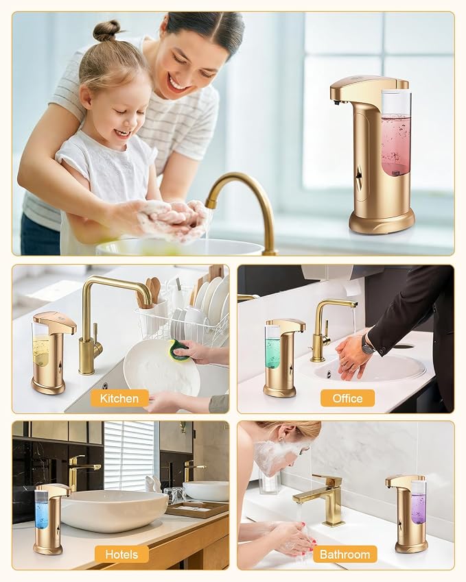 Automatic Soap Dispenser, 2 Pack Touchless Liquid Soap Dispensers, 370ml Battery Operated Hand & Dish Soap Dispenser with Infrared Sensor, 3 Dispensing Levels for Kitchen Bathroom, Gold