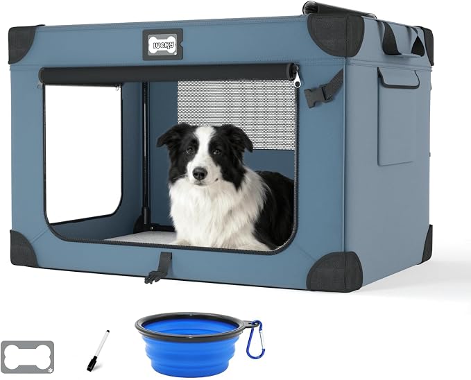36 Inch Portable Travel Dog Crate Blue with Chew-Proof Mesh Window | Sturdy Frame,Soft Blanket and Foldable Bowl,Waterproof and Easy to Clean,for Camping,Signature card，Storage Bag，Mesh Windows