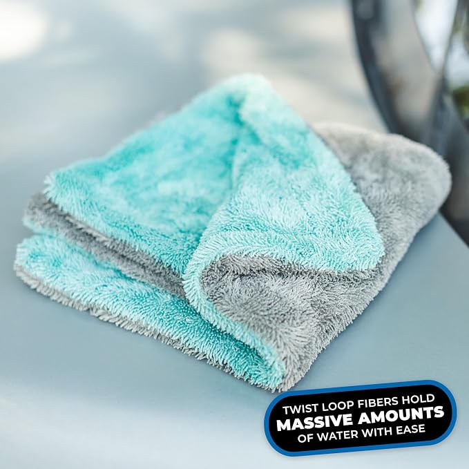 The Rag Company, The Liquid8r, Absorbent 70/30 Blend Microfiber Drying Towel for Cars, Trucks, and SUVs, Safe for Detailing, Scratch-Free, Twist Loop, 1100 GSM, 16x16 Inches, Aqua Blue/Grey, 2-Pack