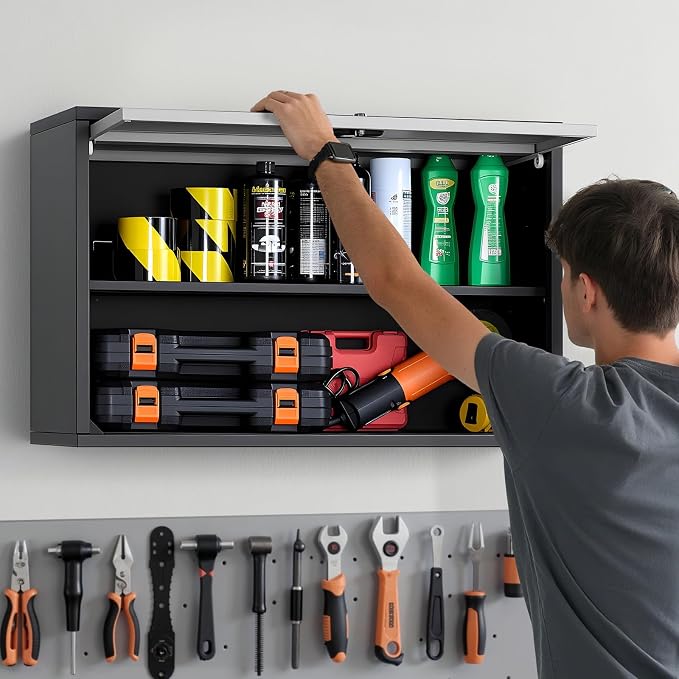 VEVOR Metal Wall Cabinet, 30.31 x 12.01 x 19.69 Inch, Floating Garage Tool Cabinet with Up-Flip Door and Shelf, 240 lbs Load Capacity, Fit for Garage, Basement, Kitchen, Warehouse Assembly Required