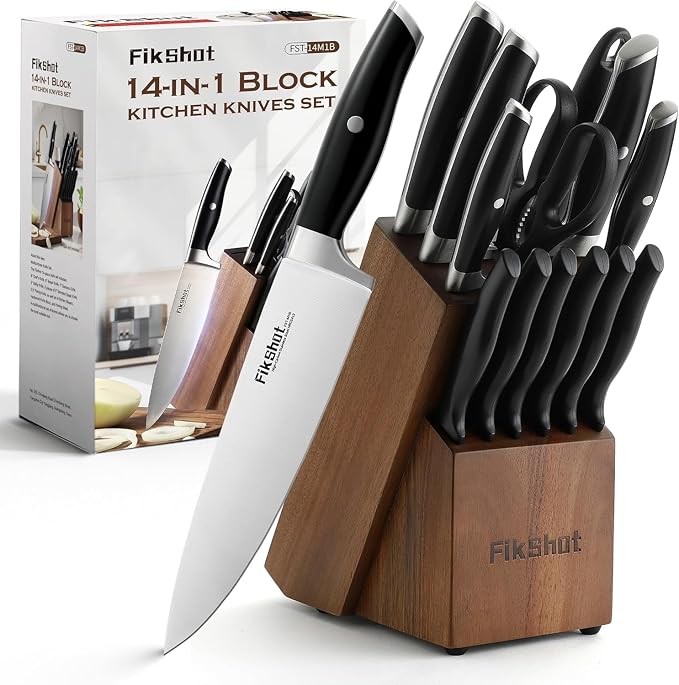 Fikshot Knife Set, German Stainless Steel, Black, 14-Piece kitchen knives | Full Tang Handle, Ultra-Sharp, Knife Block & Sharpener Included, Rust-Resistant, Dishwasher-Safe, Gift for Chefs, BBQ Prep