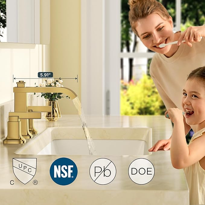 FORIOUS 3 Hole Gold Sink Bathroom Faucet for Vanity with Metal Pop Up Drain, 8 Inch Widespread Bathroom Faucets 2-Handle, Elegant Mordern Waterfall Design