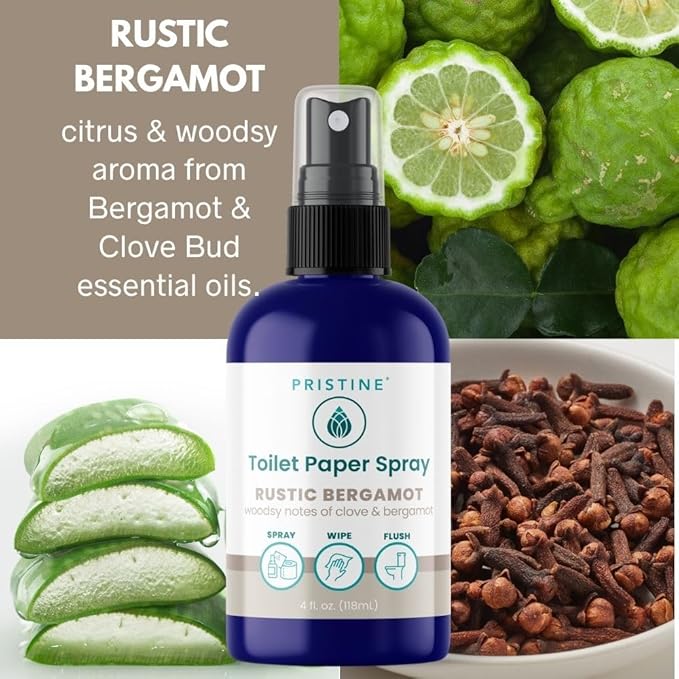 PRISTINE Toilet Paper Spray, As Seen on Shark Tank, Flushable Wipe Alternative, Personal Cleansing Bathroom Spray for Regular Toilet Tissue, Bidet Alternative, Made in USA, Rustic Bergamot, 4oz Bottle