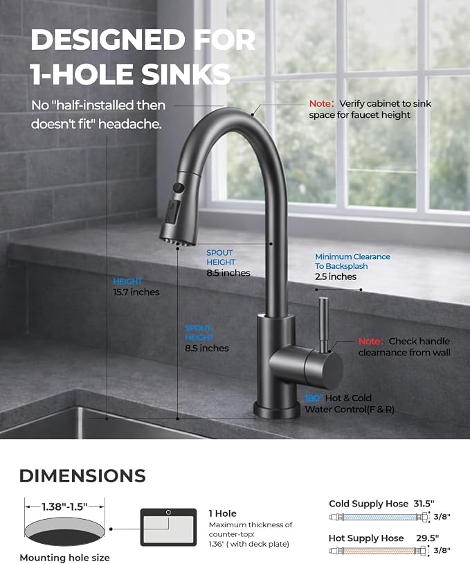 WEWE Kitchen Faucets with Pull Down Sprayer, Stainless Steel Single Handle 1 Hole for Family Kitchen Commercial Camper Laundry Rv Bar, Matte Gray