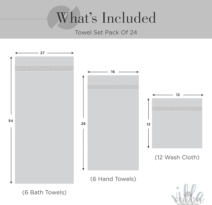 Villa Celestia 24-Piece 100% Cotton Towel Set, 6 Bath Towels, 6 Hand Towels, 12 Wash Cloth, Quick-Dry, Black