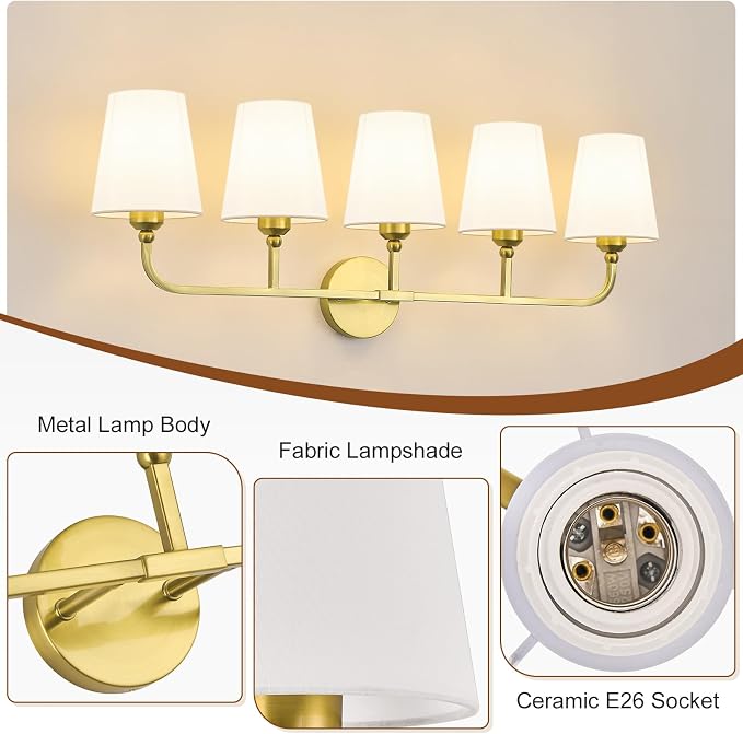 Bathroom Vanity Light, Brushed Gold Bathroom Light Fixtures, 5-Light Lighting Fixtures Over Mirror, Modern Wall Sconce with Flared White Fabric Shade, E26 Socket(ETL Listed)