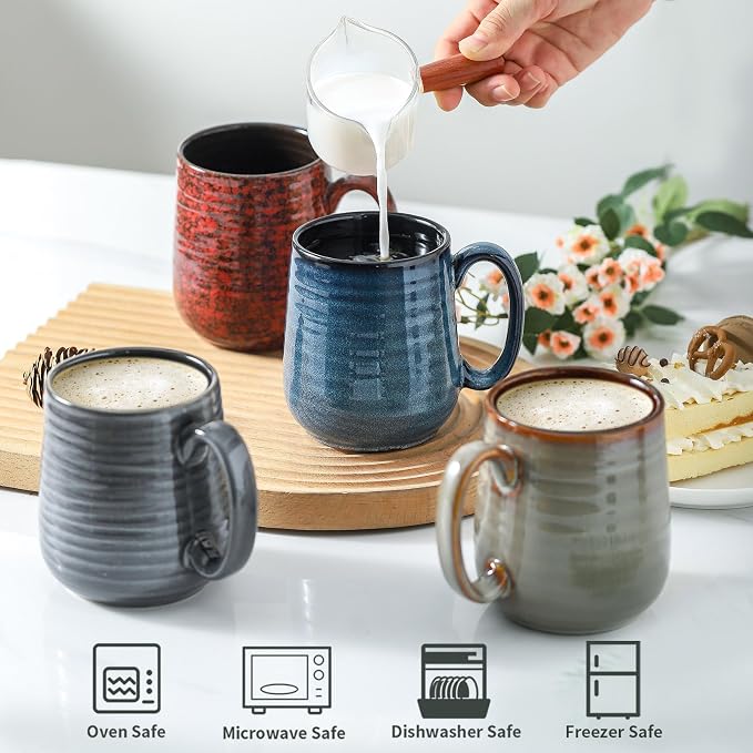 HASENSE Coffee Mugs Set of 4, 15 Oz Stoneware Coffee Cups with Large Handle, Colorful Rustic Mug Set for Coffee, Tea, Coco, Latte, Dishwasher and Microwave Safe