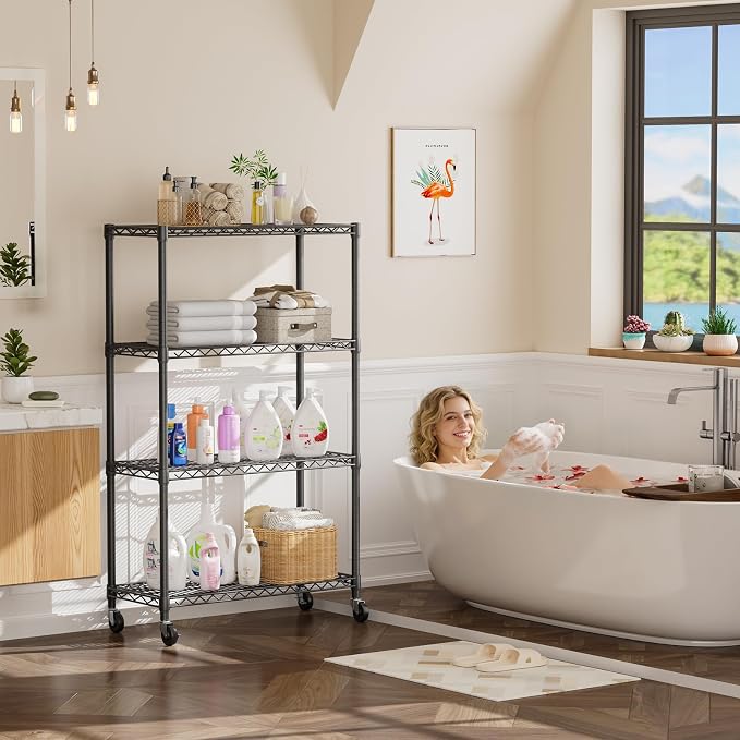 Golpart 4 Tier Shelves Storage Shelf Wire Closet Bathroom Organizers Metal Pantry Kitchen Garage Shelving Unit Laundry Room Organization Home Rack Net Basket Black with Wheels 14”D X 36”W X 58”H