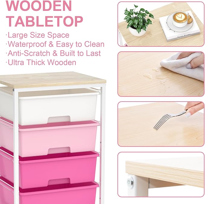 SYKIARIOL Utility-Rolling-Craft-Storage-Cart-Organizer with 4 Drawers and Wooden Tabletop, 4 Tier Drawer Cart for Home Office, Kid Room, Classroom Teacher, Dorm, Pink