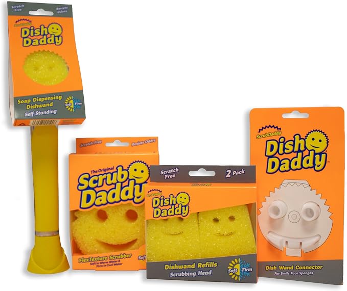 Scrub Daddy Dish Daddy Wand, Refill Heads, Sponge & Connector Head, Soap Dispensing Dish Brush, Texture Changing Washing Up Sponge with Liquid Handle, Built-in Scraper & Scrubbing Head - Yellow