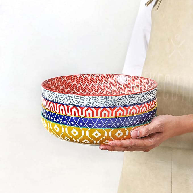 Selamica Ceramic Pasta Bowls Set of 4, 34 OZ Salad Bowls, 8.6 Inch Wide and Shallow Bowls, Microwave & Dishwasher Safe, Assorted Colors