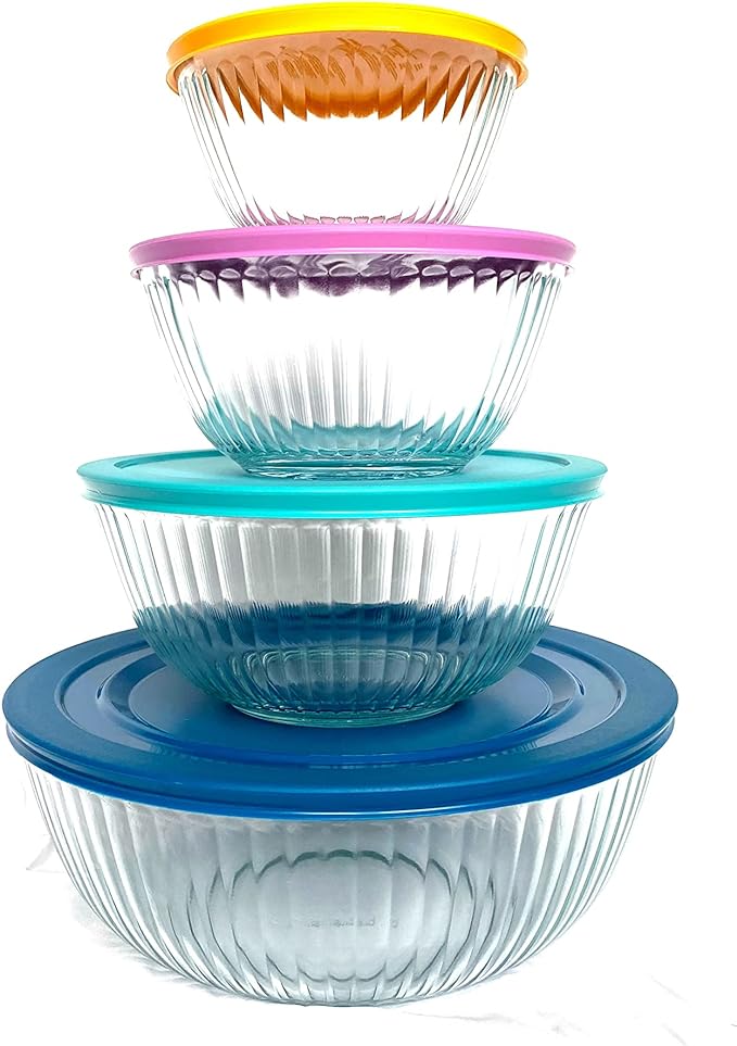 pyrex 100+ Years Glass Mixing Bowls 8-Piece Improved (Limited Edition) - Assorted Colors Lid - Colors May Vary