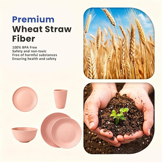 Homienly 40 PCS Premium Wheat Straw Dinnerware Sets, Unbreakable Dishes Set for Party, Resuable Plates Set,Service for 8,Microwave and Dishwasher Safe Cups and Bowls Set for Camping, RV（Pink）