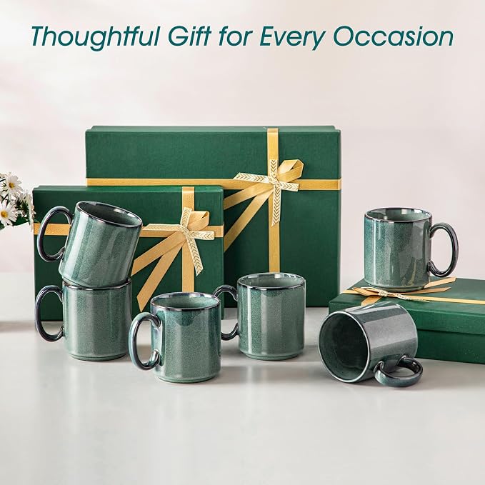 vancasso STARRY Ceramic Coffee Mugs Set of 6, 16 Oz Large Coffee Cups for Latte, Cappuccino, Tea & Hot Cocoa, Artisan Modern Style for Coffee Bar, Home & Kitchen, Microwave & Dishwasher Safe, Green