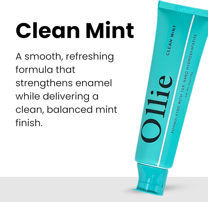 Ollie Fluoride Free 10% Nano Hydroxyapatite Toothpaste, Clean Mint, 4oz | Rod-Shaped Nano HAP, Remineralizes Enamel, Reduces Sensitivity, Reverses Small Cavities, Naturally Whitens Teeth, (Pack of 1)