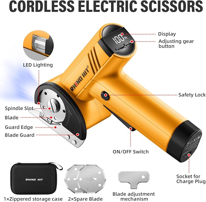 Cordless Electric Scissors, Rechargeable Rotary Cardboard Cutter with LED Light & Safety Lock, 4-Speed Adjustable, 3 Blades for Fabric, Carpet, Leather & Carton, with Storage Case(yellow)