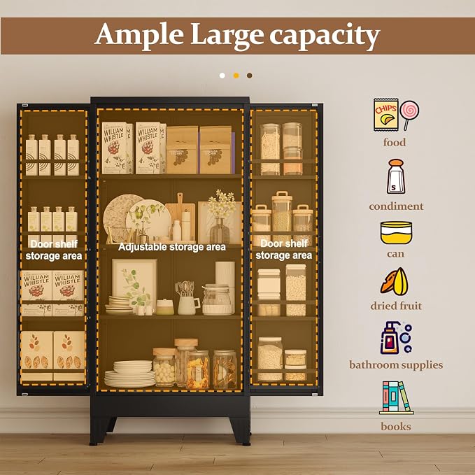 GAIOUS Metal Kitchen Pantry Cabinet, Food Storage Cabinets Black Cupboard | Storage Cabinet with 2 Door and 3 Adjustable Shelves, Freestanding Steel Sideboard, with Door Shelf, for Kitchen Dinning Room