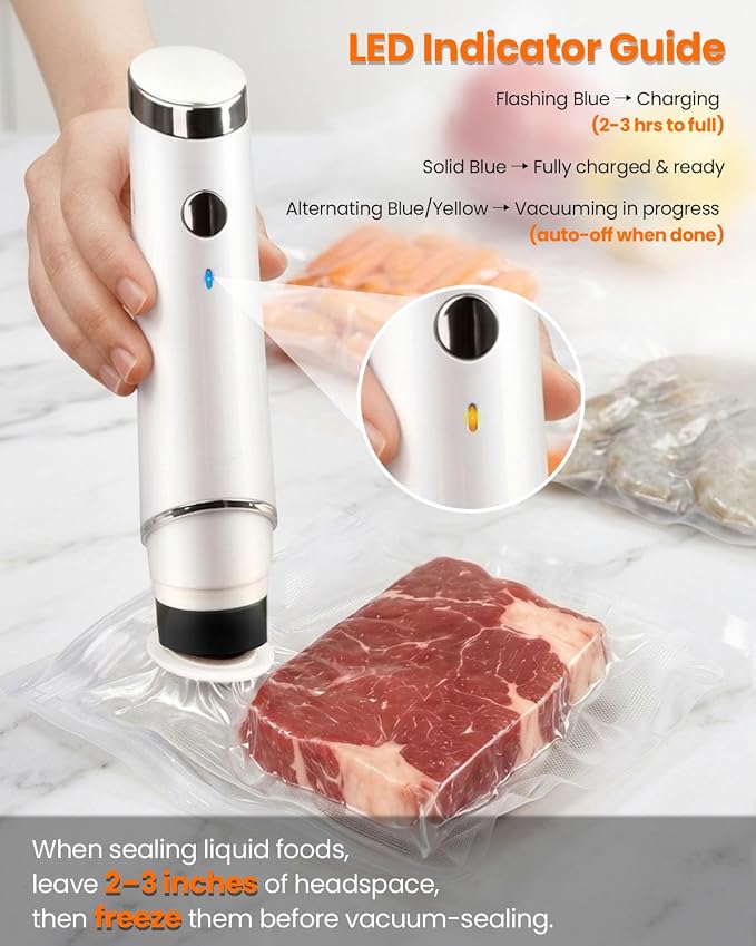 Portable Vacuum Sealer for Food, 10 Reusable Sealer Bags with 60kPa Powerful Handheld Vacuum Sealer Machine, Seal Meal Saver, Cordless Compact Food Sealer for Freezer, Microwave