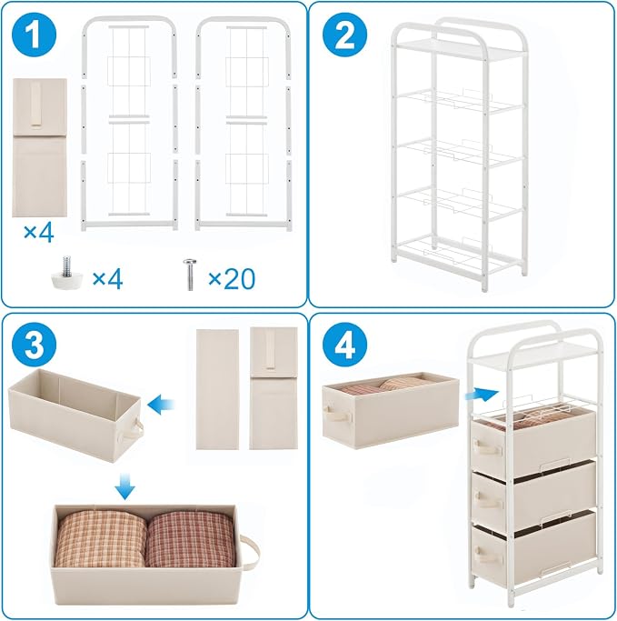 MAX Houser 4 Drawer Narrow Dresser Fabric Storage Tower Vertical Slim Storage Chest Organizer Nightstand Side/End Table Small Standing Organizer Removable Drawers Wood Top for Bedroom, Bathroom(Beige)