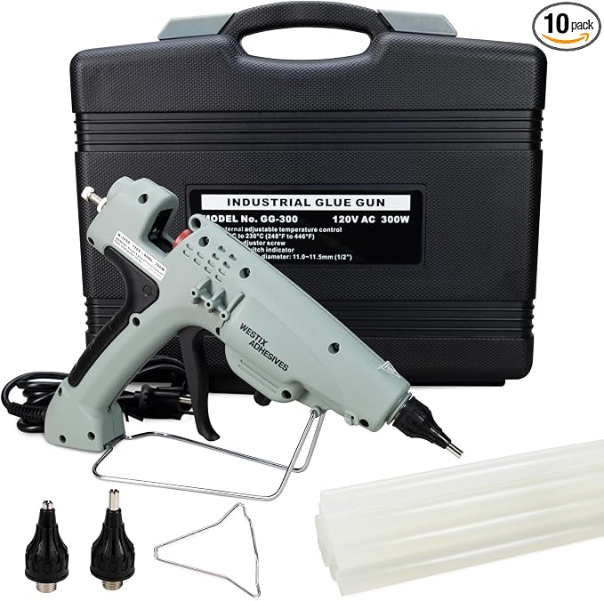 IDL Packaging GG-300 Industrial 300W Hot Glue Gun with 10 pcs Glue Sticks - 1/2" x 10" Full-Size Glue Sticks - Hot Glue Gun Kit for All Surfaces, Wood, Metal, Plastic, Glass, Tile, Cardboard