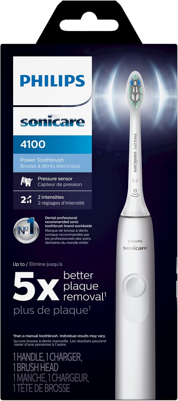 Philips Sonicare 4100 Electric Rechargeable Power Toothbrush, White, with Genuine Philips Sonicare Optimal Plaque Control Replacement Toothbrush Heads, White, 3 Pack