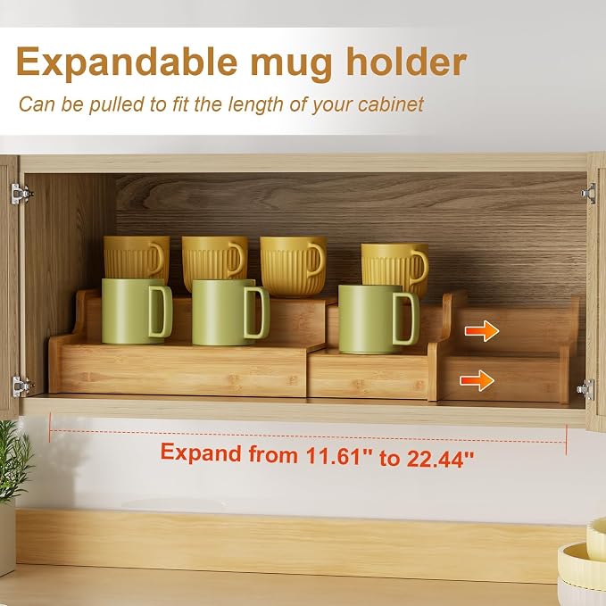Hongtamoya 2-Tier Expandable Bamboo Coffee Mug Holder, Mug Organizer for Kitchen Cabinets, Mug Cup Rack, Multi-Functional Cup Holder Shelf, Coffee Bar Organizer, Home