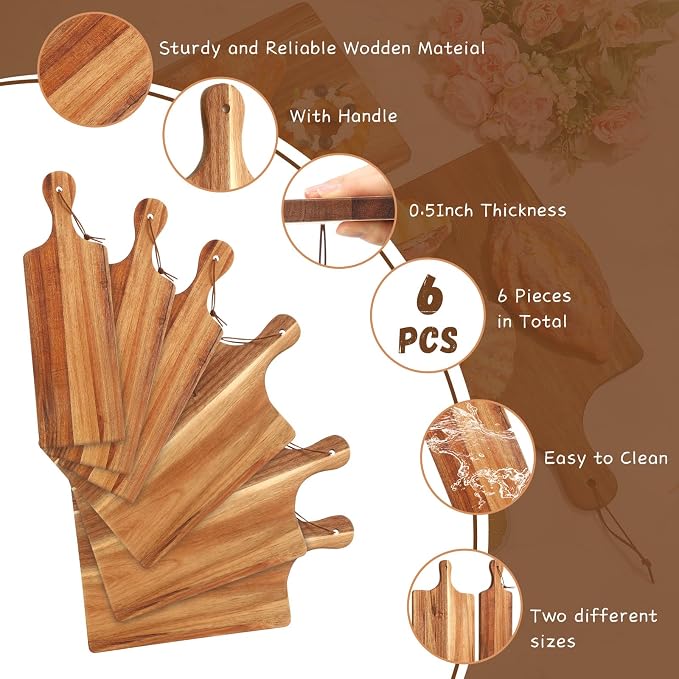 6 Pcs Wood Cutting Board Set with Handle, Bulk Chopping Serving Boards 16x10 & 16x5 Inch, Charcuterie Boards for Laser Engraving, Wedding Housewarming Gift, Kitchen Supplies (Acacia)