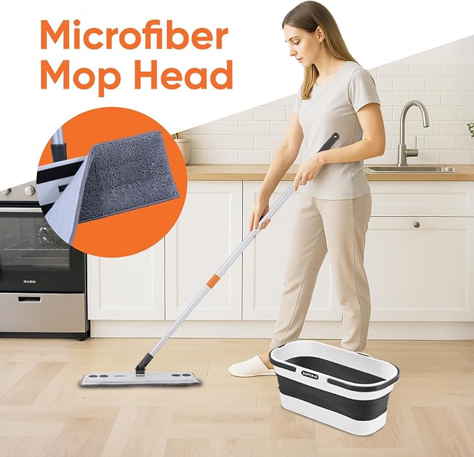 Superio Miracle Mop with Telescopic Handle & Microfiber Pad, Fold N Go 10L Collapsible Mop Bucket with Wheels - Portable Cleaning Set for Vinyl, Tile, Hardwood & More - Grey