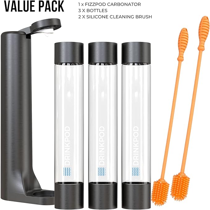 Fizzpod Home Soda Maker Sparkling Water Carbonator With 3 Bottles and 2 Bottle Brushes (Black)