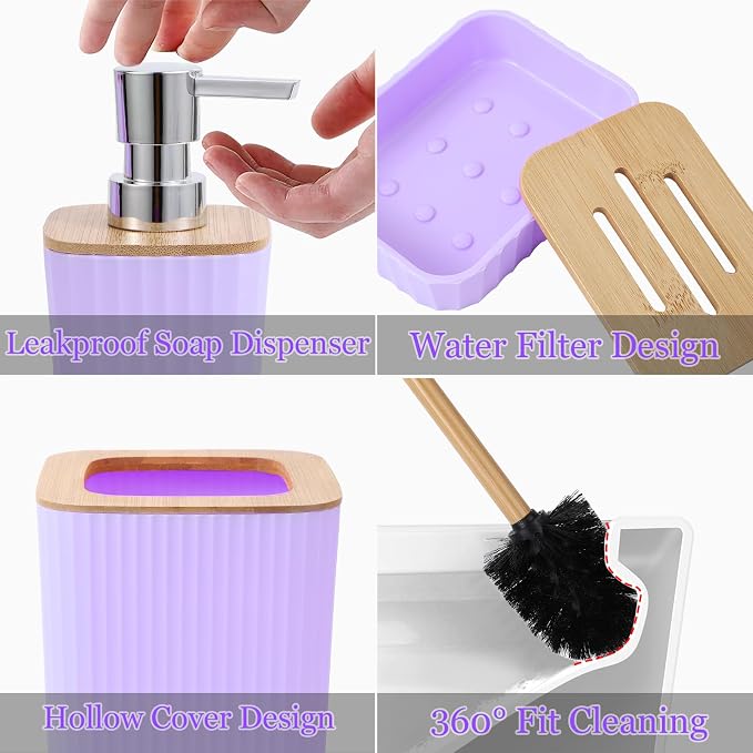 XLHOMO Purple Bathroom Accessory Set, Light Purple Bathroom Set with Trash Can, Tray, Toothbrush Holder,Toothbrush Cup,Soap Dispenser,Soap Dish,Toilet Brush and Qtip Holders