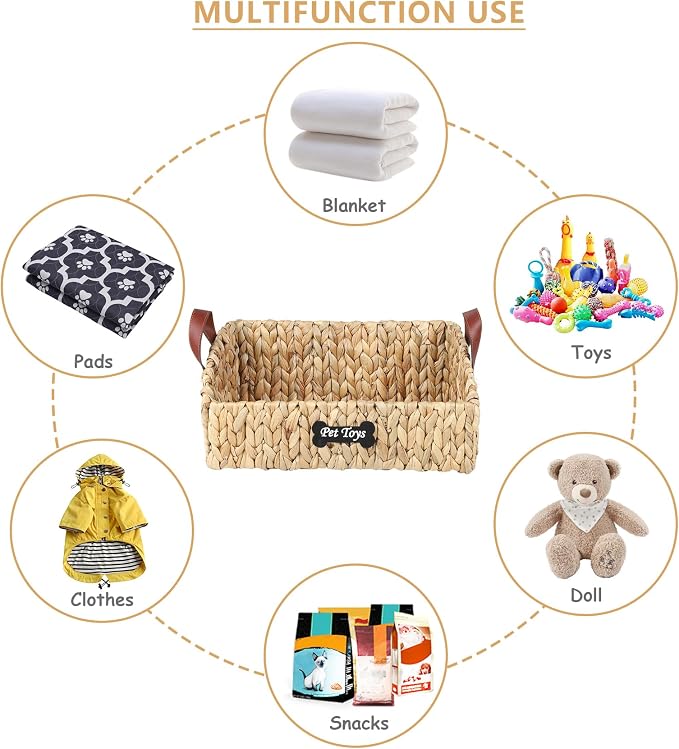 Trapezoid Pet Dog Toy Basket,Medium Dog Toy Bin,Wicker Storage Basket for Dog Cat Toys,Dog Storage Organizer for Leash Blanket Toys Snacks -Natural Farmhouse Water Hyacinth