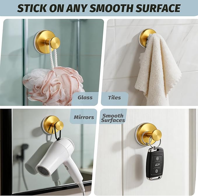 Large 15lb Suction Cup Hooks for Shower, No-Drill Bathroom Towel Hooks for Robes, Loofah, Removable Mountable on Glass, Tile, Mirrors, Smooth Non-Porous Surfaces (2, Brushed Gold)