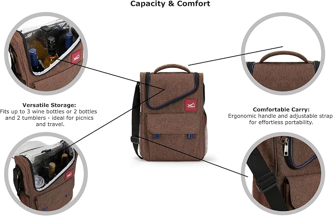 Insulated Wine Cooler Bag Set – 3 Bottle Wine Travel Tote or 2 Bottles with 2 Tumblers – Thermal Wine Carrier with Corkscrew & Stoppers for Picnic and Wine Gifts