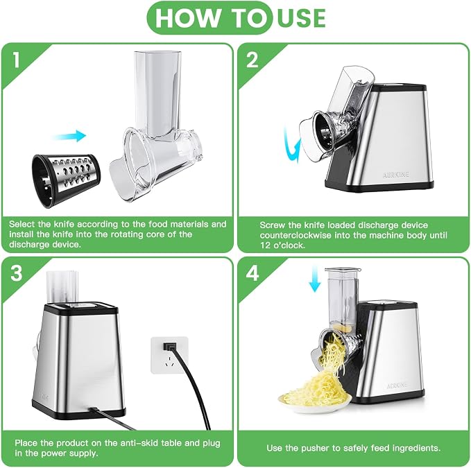 Electric Cheese Grater for Block Cheese - Electric Vegetable Chopper with 5 Blades, Automatic Shredder for Potato Carrot Cucumber Cabbage Onion Kitchen Essentials