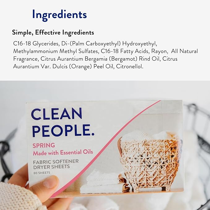 The Clean People Fabric Softener Dryer Sheets - Softens & Removes Static Cling - Vegan - Made with Essential Oils - Spring Scent, 120 Sheets