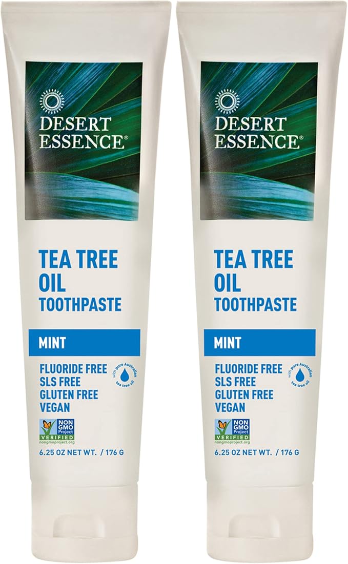 Desert Essence Tea Tree Oil Toothpaste - Mint - 6.25 Oz - Pack of 2 - Refreshing Taste - Deep Cleans Teeth & Gums - Helps Fight Plaque - Sea Salt - Pure Essential Oil - Baking Soda