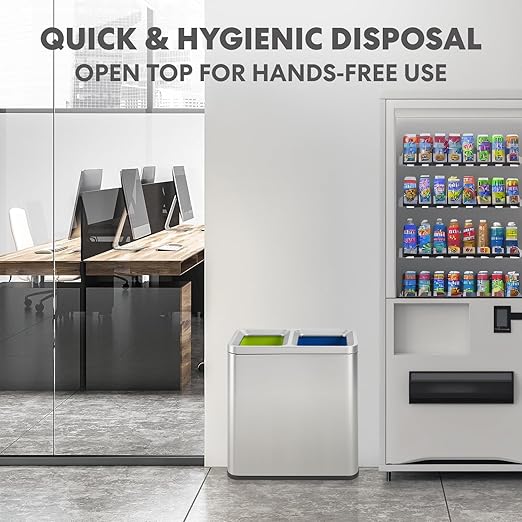 Simpli-Magic 70 Liter / 18.5 Gallon Rectangular Open Top Dual Compartment Recycling Trash Can, Stainless Steel (40L x 30L Capacity) Ideal for Restaurants, Coffee Shops, Gym and Households, 79655