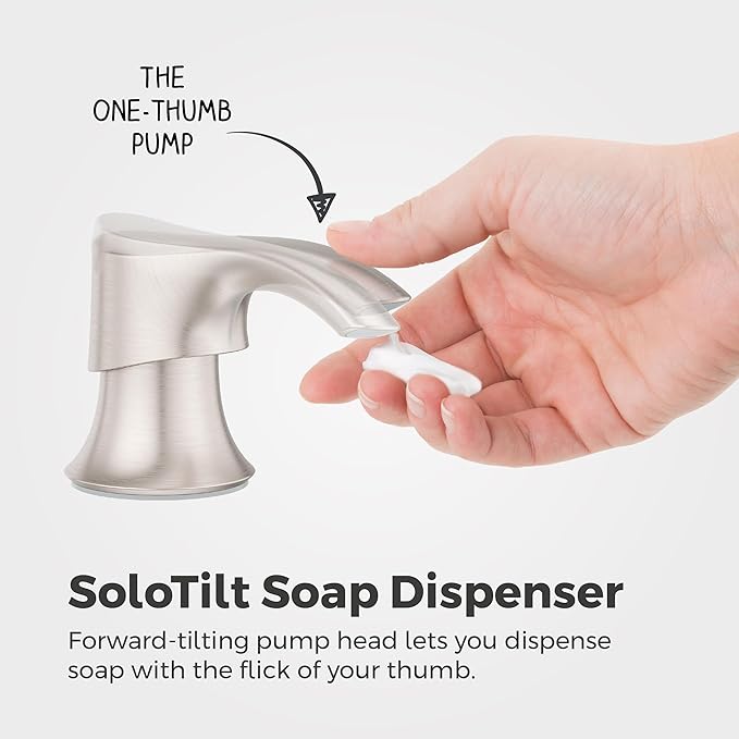 Pfister SoloTilt Kitchen Sink Soap Dispenser Counter-Mounted Stainless Steel Finish with Forward Tilting Thumb-Activated Pump Head and 16 oz Bottle for Dish Soap KSDKEMGS