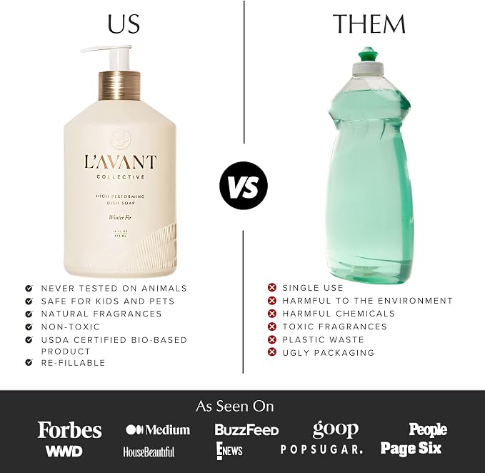 L'AVANT Collective Natural Luxury Dish Soap | Plant-Based, Non-Toxic & Grease-Cutting, Safe for Kids & Pets, Refillable Glass Bottle with Pump, 16 Fl Oz | Winter Fir