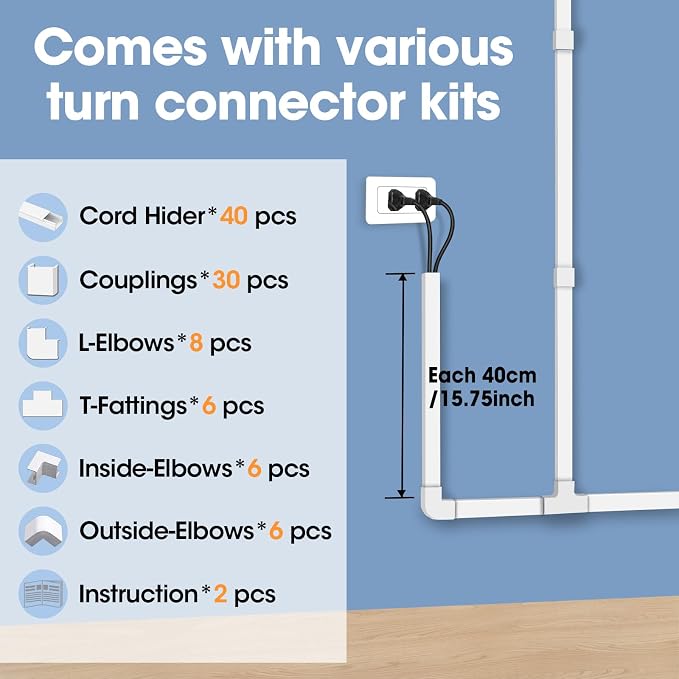 630in Cord Hider Kit, Paintable Cable Raceway, Cord Covers for Wires on Wall, Cord Hider for Wall Mount tv, tv Cable Hider Wall kit, Wire Covers for Cords, 40X L15.7in X W0.96in X H0.57in, White