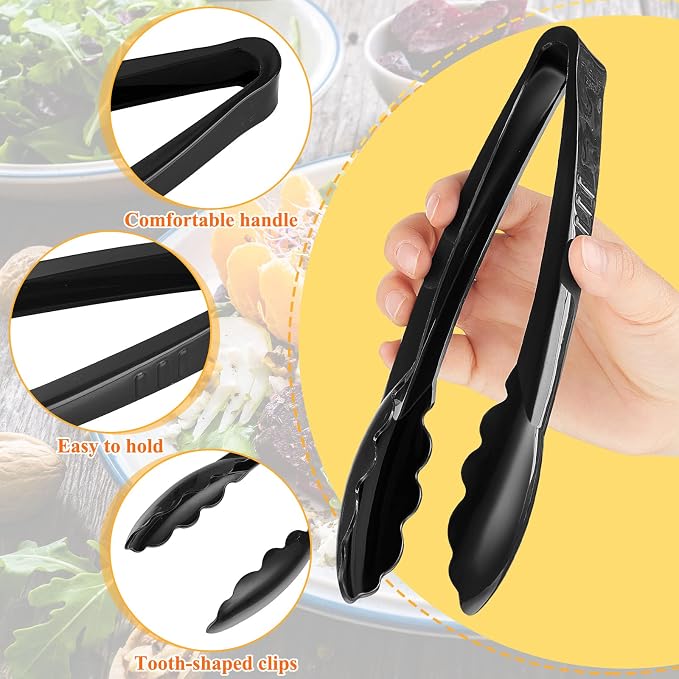 Tessco for you 150 Pcs Plastic Tongs for Serving Bulk, 9 Inch Plastic Disposable Serving Tongs, Heavy Duty Salad Tong for Kitchen, Buffet, BBQ, Events & Catering (Black)