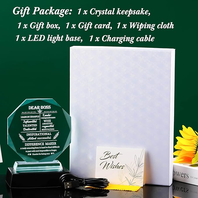 Movdyka Boss Gifts for Men Women Crystal Keepsakes with LED Base - Best Boss Day, Birthday, Christmas, Going Away, Thank You, Female Appreciation, Retirement, Office Decor