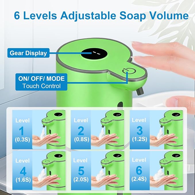 OHIFAST Automatic Foaming Soap Dispenser Touchless, USB Rechargeable Smart Hand Soap Dispenser, 6-Level Adjustable, 12.8oz/380mL Wall Mounted for Bathroom Kitchen Dish Soap-Green