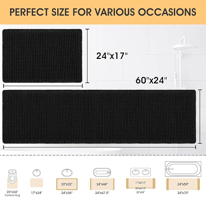 IM HOME Waffle Bath Mat Set 2 Piece Black,Woven Modern Bath Rug Mats, Absorbent Non Slip Bath Floor Mat, Soft Washable Boho Bath Rugs with Tassels for Bathroom, Bedroom, Kitchen,Tub