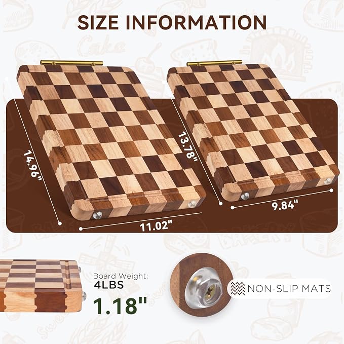 Checkered Cutting Board for Kitchen – 14.9"x 11"x 1.18" Rubber Wood Butcher Block with Juice Groove & Steel Handle, Heavy Duty Non-Slip Chopping Board for Charcuterie, Housewarming Gift